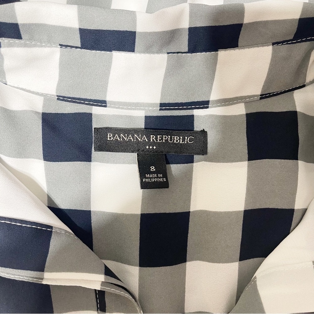 Banana Republic Gingham Plaid Shirtdress Navy Blue Gray White Dress 8 - Picture 9 of 12